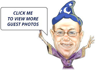 Wizard with sorcerer's hat with guest photos sign